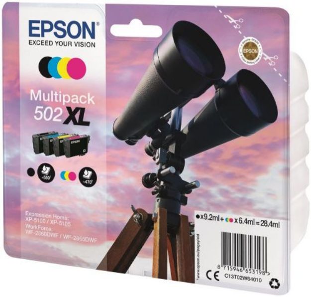 Picture of Epson 502XL Binoculars High Yield Ink Cartridge Multipack 9.2ml + 3x 6.4ml (Pack 4) - C13T02W64010