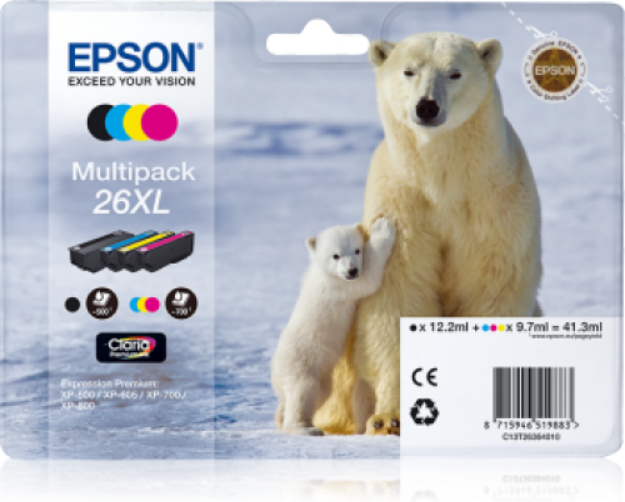 Picture of Epson 26XL Polar Bear High Yield Ink Cartridge Multipack 12ml + 3x 10ml (Pack 4) - C13T26364010