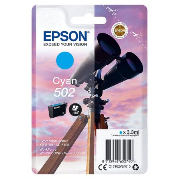 Picture of Epson 502 Binoculars Cyan Standard Capacity Ink Cartridge 3ml - C13T02V24010