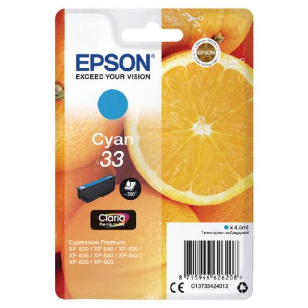 Picture of Epson 33 Oranges Cyan Standard Capacity Ink Cartridge 4.5ml - C13T33424012