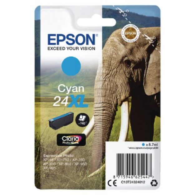 Picture of Epson 24XL Elephant Cyan High Yield Ink Cartridge 9ml - C13T24324012