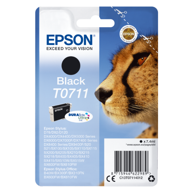 Picture of Epson T0711 Cheetah Black Standard Capacity Ink Cartridge 7ml - C13T07114012