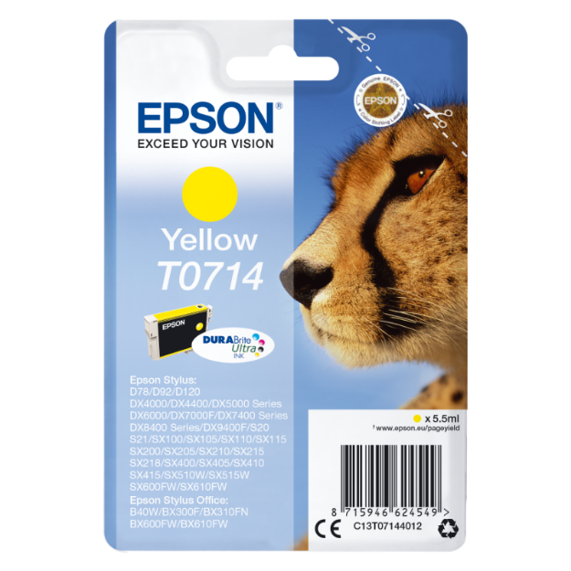 Picture of Epson T0714 Cheetah Yellow Standard Capacity Ink Cartridge 6ml - C13T07144012