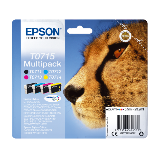 Picture of Epson T0715 Cheetah Ink Cartridge Multipack 7.4ml + 3x 5.5ml (Pack 4) - C13T07154012