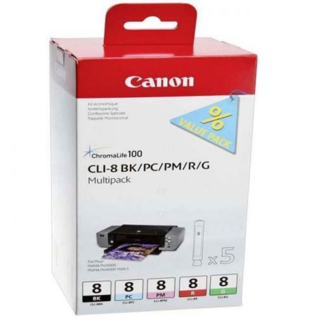 Picture of OEM Canon CLI8 Black/Photo Cyan/Photo Magenta/Red/Green Ink Cartridge Multipack 5x 13ml (5 Pack) - 0620B027