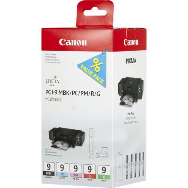 Picture of OEM Canon PGI-9 Green/Matte Black/Red/Photo Cyan/Photo Magenta Ink Cartridge Multipack 5x 14ml (5 Pack) - 1033B013