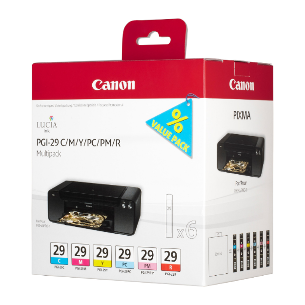 Picture of Canon PGI-29 Cyan/Magenta/Yellow/Photo Cyan/Photo Magenta/Red Standard Capacity Ink Cartridge Multipack 6x 9ml (6 Pack) - 4873B005