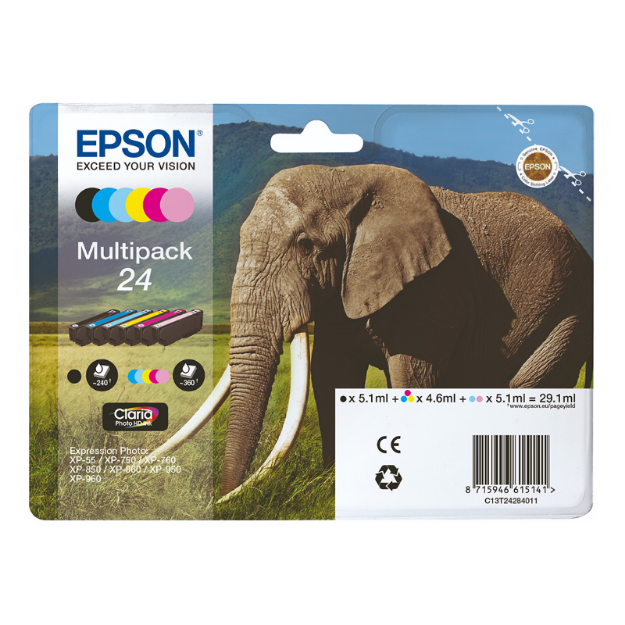 Picture of Epson 24 Elephant Ink Multipack 5.1ml + 5x 4.6ml (6 Pack) - C13T24284011